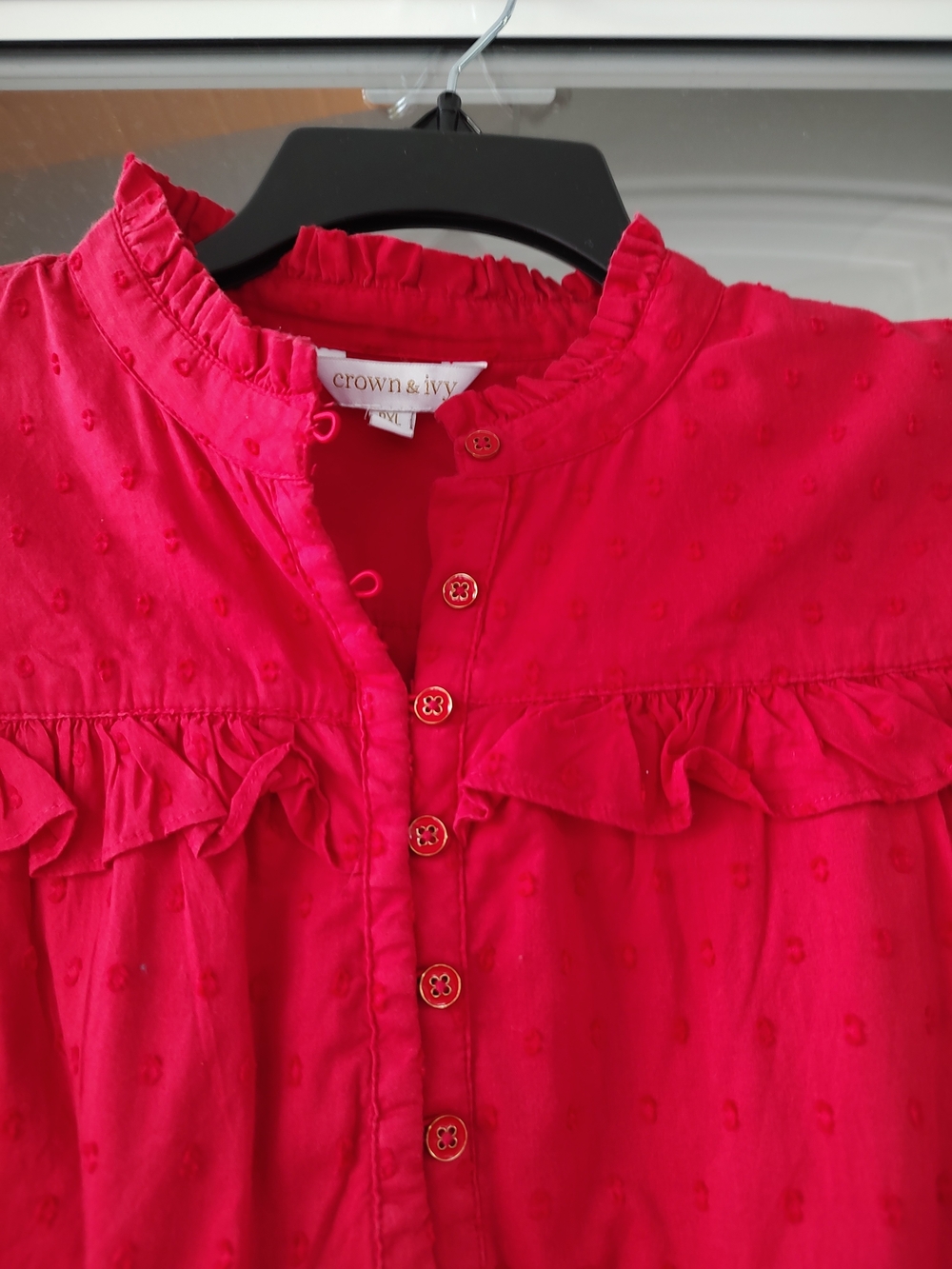 Women’s Red Ruffle Button-Front Blouse - Picture 4 of 7
